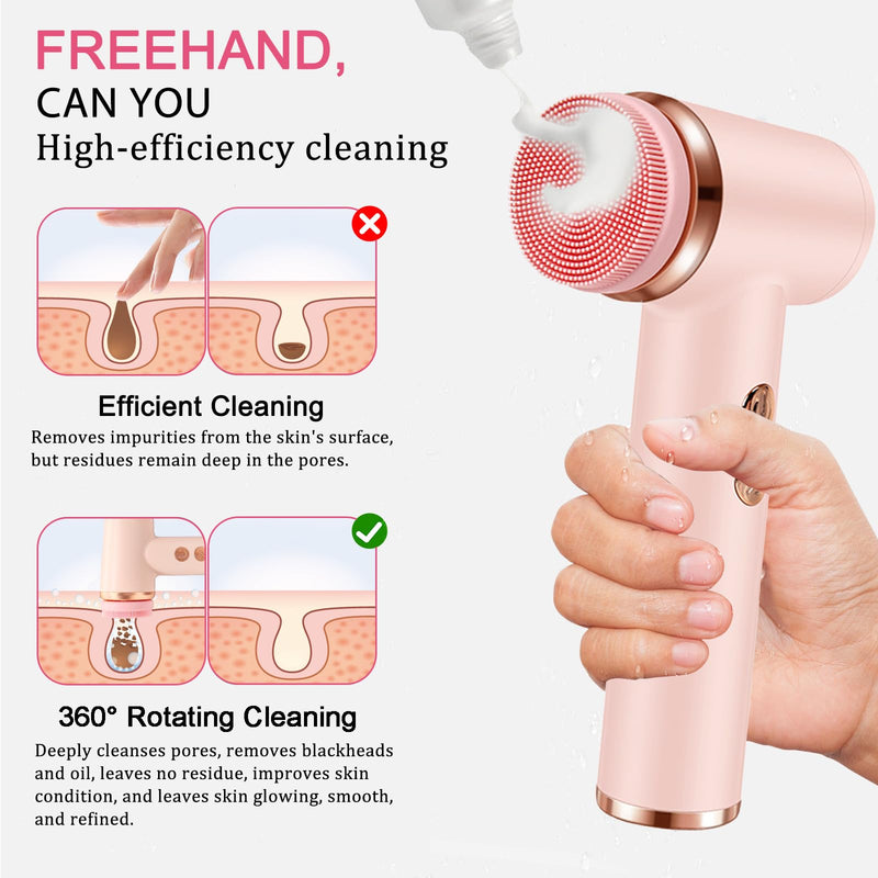 Electric Facial Cleansing Brush with 4 Brush Heads & 5 Speeds - IPX6 Waterproof, Type-C Fast Charging - for Deep Cleansing, Exfoliating, Pore Minimizing & Makeup Removal (Pink) Pink