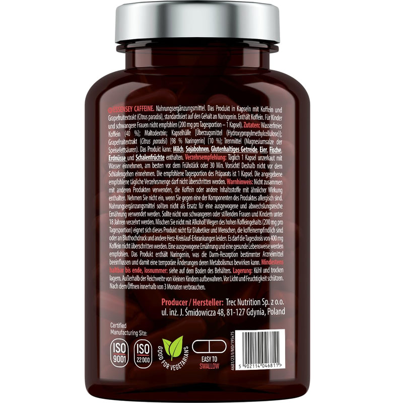 [Australia] - ESSENSEY - Caffeine capsules I Caffeine 200 mg I 120 capsules I Grapefruit extract 50 mg - I Naringenin 49 mg I For vegetarians I 120 daily doses I Cellulose capsule 
