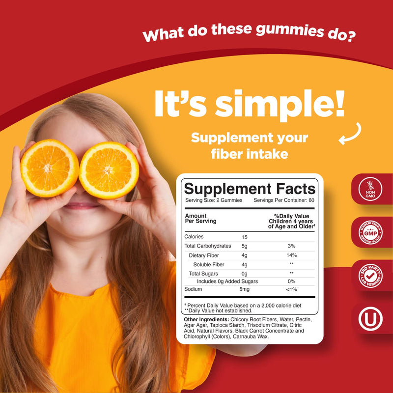 High Prebiotic Fiber Gummies for Kids - Dietary Fiber Supplements for Digestion & Constipation - Chicory Root Kids Immune Gummies - Non-GMO & Vegan Digestive Nutritional Supplements - 120 Count 120 Count (Pack of 1)