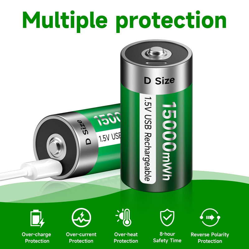 [Australia] - USB D Rechargeable Batteries Lithium 1.5V Constant Output 15000mWh Li-ion D Cell with Type-C Charging Cable,4 Pack 