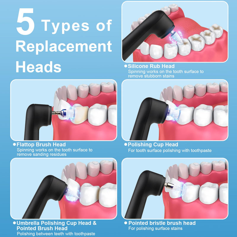 [Australia] - Tooth Polisher - SIQUER Plaque Remover for Teeth Whitening Dental Tools Electric Tartar Polishing Teeth Cleaning Kit with LED Light 5 Speed Modes with 5 Replacement Brush Heads (Black) Black 