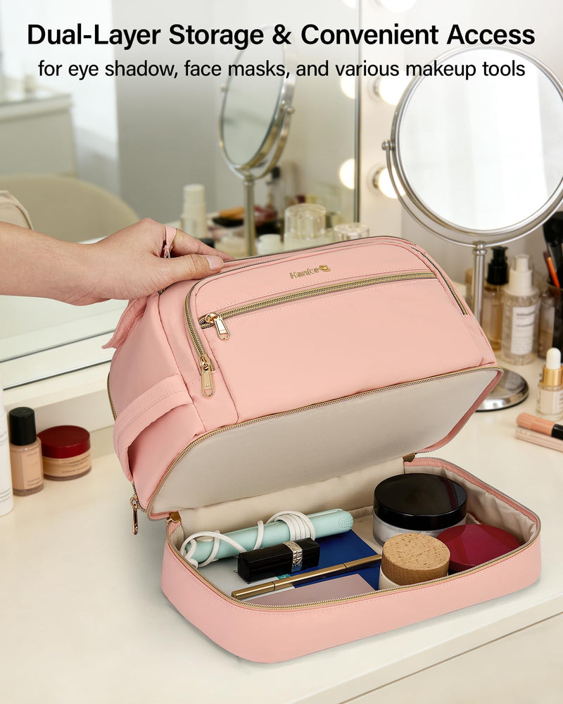 Hanke Travel Toiletry Bag, Lightweight Wide-open Makeup Bag, Dual-Layer Travel Bag for Toiletries Water-Resistant Cosmetic Bags Large Toiletry Bags for Women & Men, Travel Essentials, Pink