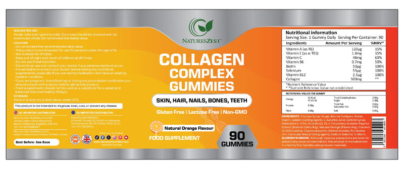Collagen Complex 500mg - 90 Chewable Gummies | Collagen Gummies with Biotin, Vitamin C & E | Supports Hair, Skin & Nails for Women & Men | Gluten Free, Non-GMO | Natural Orange Flavour