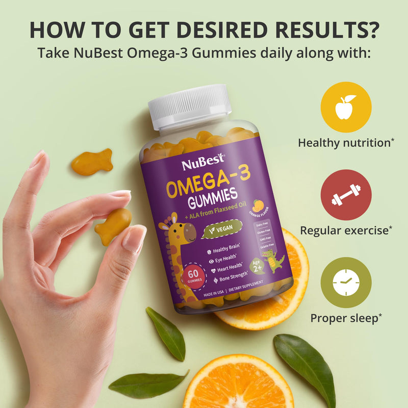 NuBest Omega 3 Gummies for Kids & Teens with Flaxseed Oil | Supports Brain Growth, Mental Clarity, Focus, and Eye Health | No Added Sugar | Orange Flavor | 60 Premium Vegan Gummies | 1 Month Supply