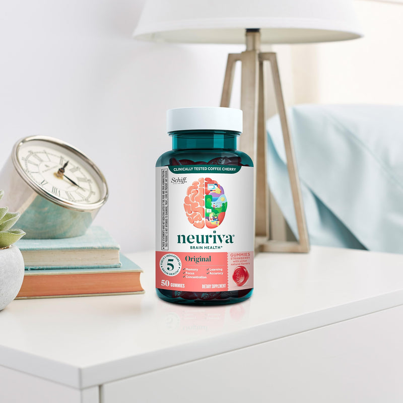 NEURIVA Original Brain Supplements for Memory and Focus, Clinically Tested Nootropics Phosphatidylserine and Neurofactor, Caffeine Free, 50ct Strawberry Gummies | Brain Supplements for Memory and Focus, Phosphatidylserine, Neurofactor, Decaffeinated No...