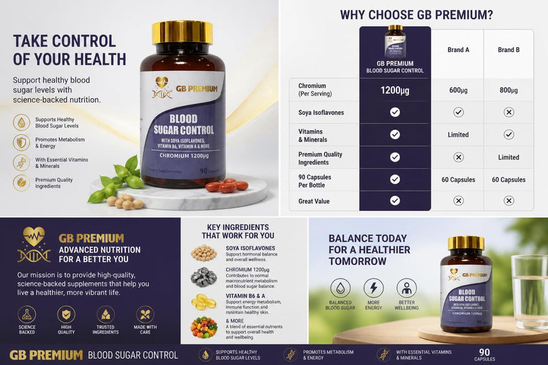 Blood Sugar Control Supplement with Chromium, Folic Acid, Zinc, Magnesium, Selenium, Vitamin E & Vitamin D3, 90 Capsules