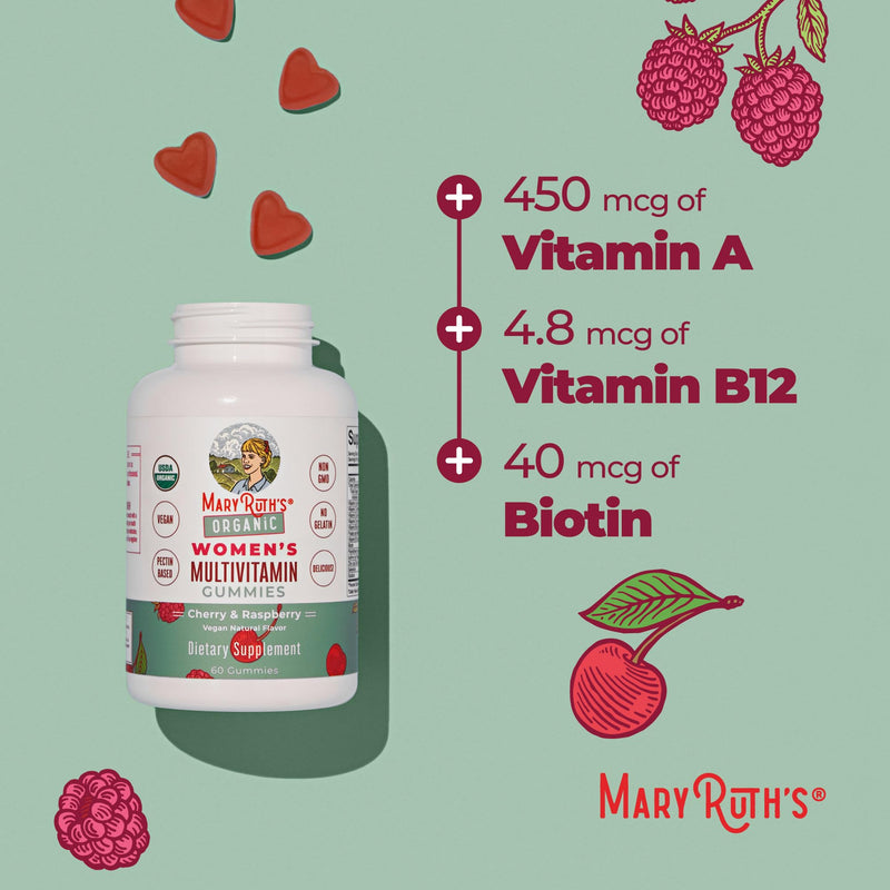 MARYRUTH'S Organic Multivitamin Gummies for Women, Hair & Skin Health, 60ct | Immune Support, Hair & Skin Health, Reproductive Health, Vitamin A C D E B6 B12 Biotin Zinc Iodine