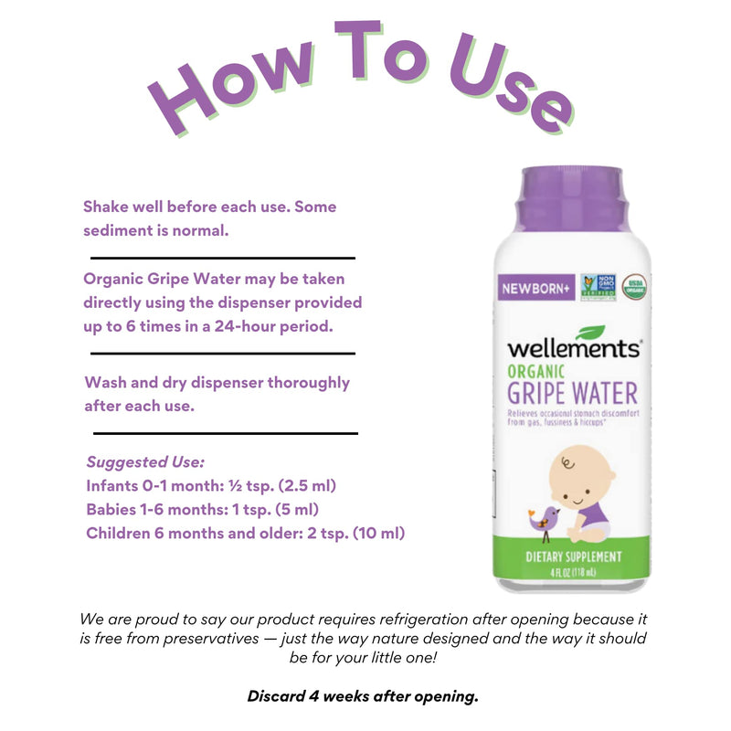 Wellements Organic Gripe Water | Relieves Occasional Stomach Discomfort from Baby Gas, Colic, Hiccups and Fussiness | Certified Organic and Non-GMO | No Artificial Flavors | 4 Fl Oz. | Ages Newborn+ Gripe Water-1 Pack