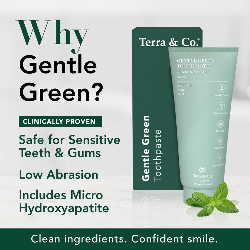 [Australia] - Terra & Co. Toothpaste Combo - Brilliant Black & Gentle Green Formulas for Sensitive Teeth - US-Made - Natural, Vegan, Remineralizing Micro-Hydroxyapatite - Fluoride-Free & SLS-Free - Mint, 3.4 Oz 