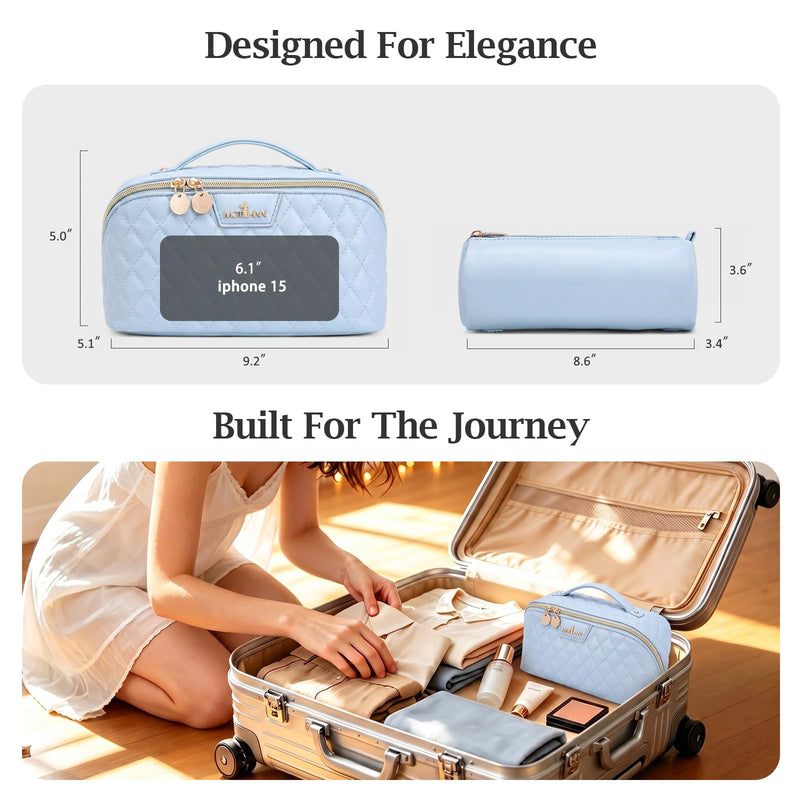 Travel Makeup Bags Cosmetic Organizer: 3Pcs Set Puffy Make up Bag for Women | Blue Premium Quilted ELEGANCE Design | Large Capacity Leather Toiletry Bags | Wide Open Compact Case for Travel Essentials 03 Blue
