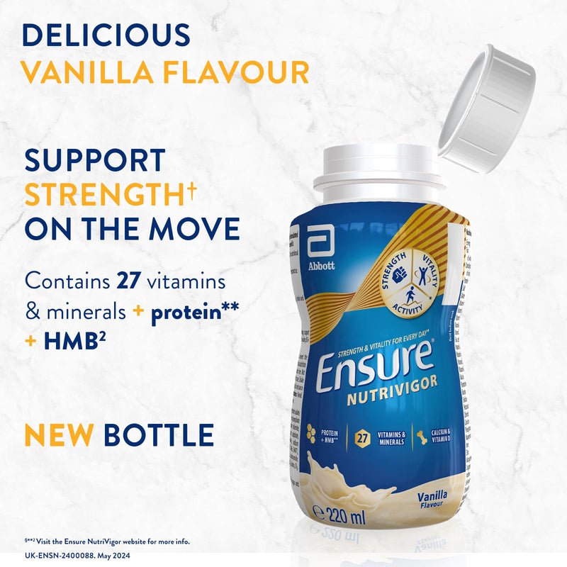 Ensure NutriVigor Nutritional Shake – Vanilla Flavour – 8 x 220ml – Boosts Energy – Ready-to-Drink – Food Supplement with Protein, HMB and27 Vitamins and Minerals Pack of 8