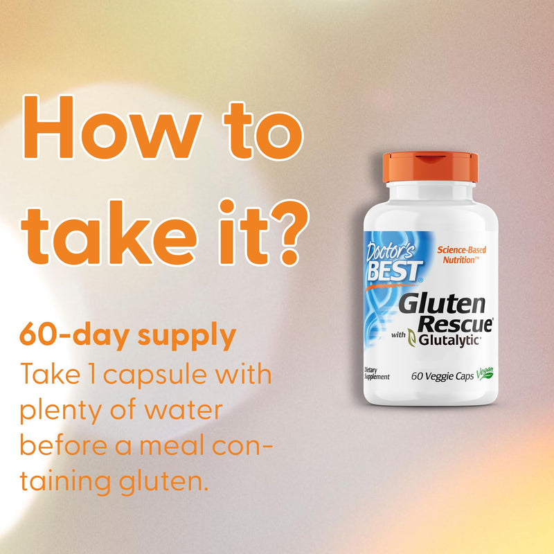 Doctor's Best Gluten Rescue with Glutalytic, Enzyme Complex, 60 Vegan Capsules, Laboratory Tested, Gluten Free, Soy Free, Vegetarian, Non-GMO