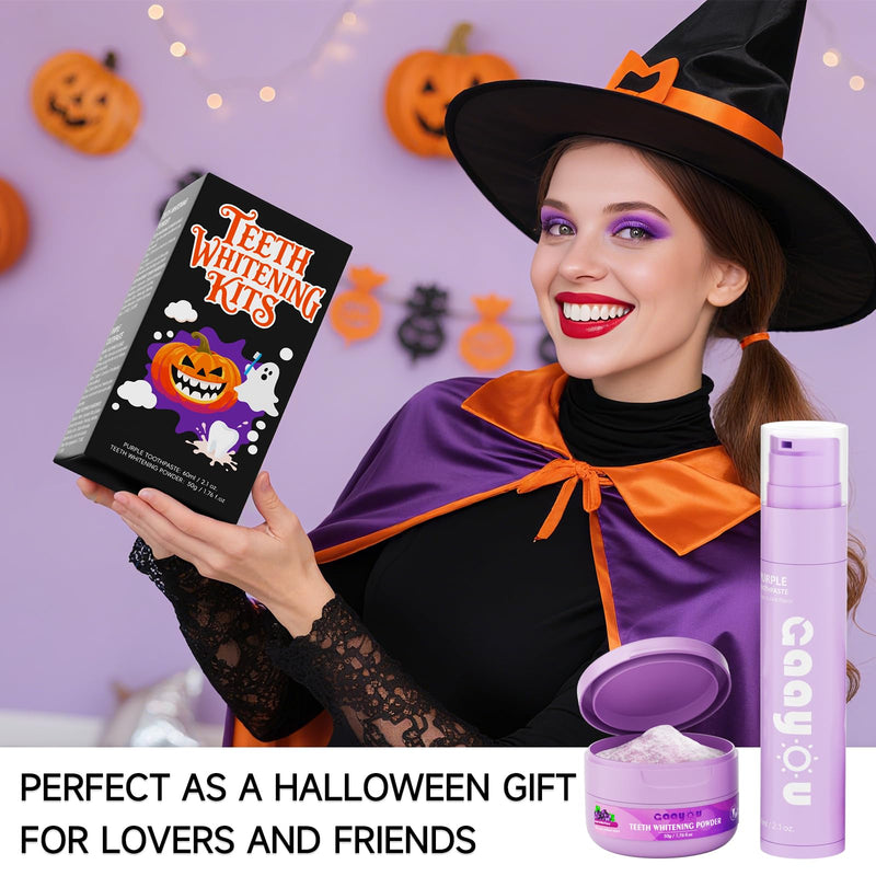 [Australia] - Teeth Whitening Powder Purple Teeth Whitening Kits Natural Tooth Powder Halloween Theme Favors Gifts Set Powder Toothpaste for Men Women Tooth Stain Removal 