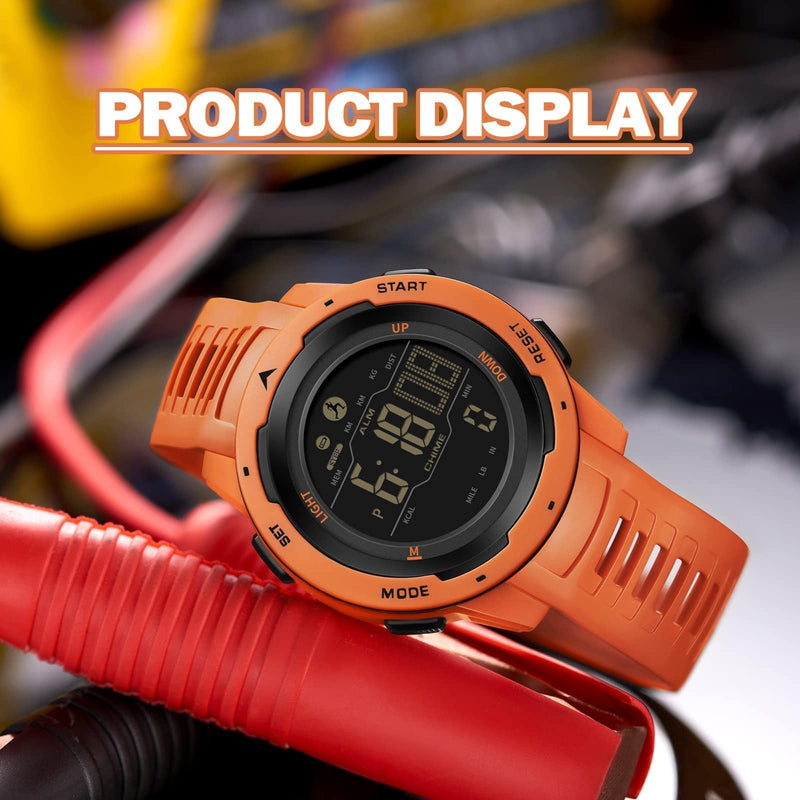 [Australia] - findtime Men's Digital Watch Waterproof Pedometer Watches Sport Watch Step Counter Calorie Military Watch with Stopwatch Alarm LED Backlight Countdown orange 