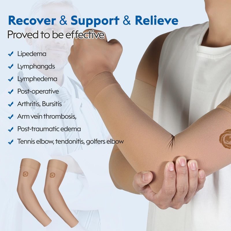 [Australia] - NURCOM¬Æ Medical Compression Arm Sleeve for Men Women, 2 Pack, 20-30mmHg with Silicone Band for Lymphedema, Lipedema, Pain Relief, Edema, Swelling, Post Surgery Recovery, Beige S Small(2 Pack) Beige(with Silicone Top Band) 