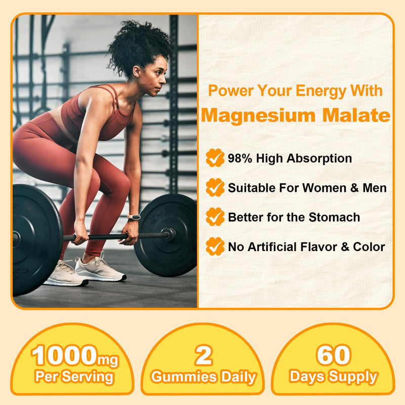 2 Pack Magnesium Malate Gummies 1000mg, High Absorption Magnesium Supplements for Adults & Kids, with L-Theanine, CoQ10 & Vitamin B6, Support Energy Production, Muscle Function, Non-GMO, Vegan, 120Ct 60 Count (Pack of 2)