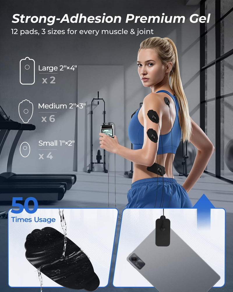 TENS Unit Muscle Stimulator, Rate DIY 1-199Hz, Model B2501 | A/B Channel TENS Machine, 40 Intensities for Back Sciatica Pain Relief, Storage Case, 12 Pads, Home Travel Gift for Dad Mom Grey
