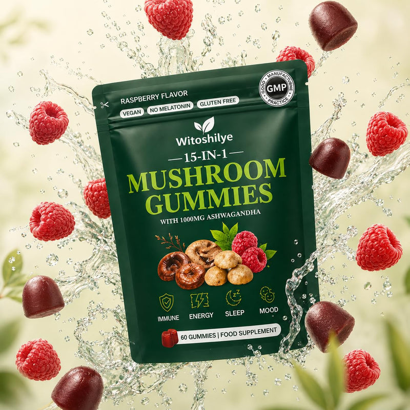 15-in-1 Mushroom Gummies with Lion’s Mane: Enhance Focus & Energy Mushroom Supplement, for Women and Men, Reish, Raspberry Flavor, 60 Gummies