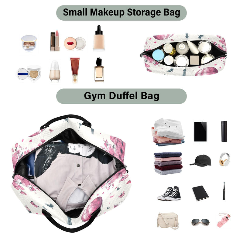 Kigai Romantic Paris Eiffel Tower Travel Duffel Bags 2PCS,Sports Duffel Bags for Men Women,Weekender Overnight Bag Gym Tote Bag with Toiletry Bag