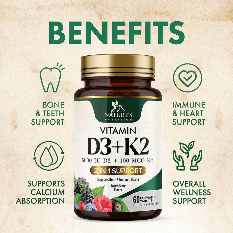 Vitamin D3 K2 Supplement | 5000 IU D3 + K2 100 mcg | MK-7 K2 with Vitamin D | Supports Immune, Heart, Teeth & Bone Health - Nature's Easy to Chew, VIT D3 K2, Non-GMO, Tasty Berry Flavor - 60 Tablets 60 Count (Pack of 1)