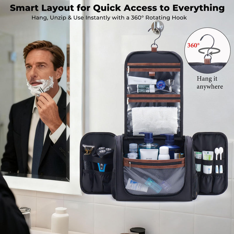 Ralnitote Large Hanging Toiletry Bag for Men, Travel Bathroom Bag with Hook, Hygiene Bag Organizer for Shower, Shaving & Grooming Essentials, Black