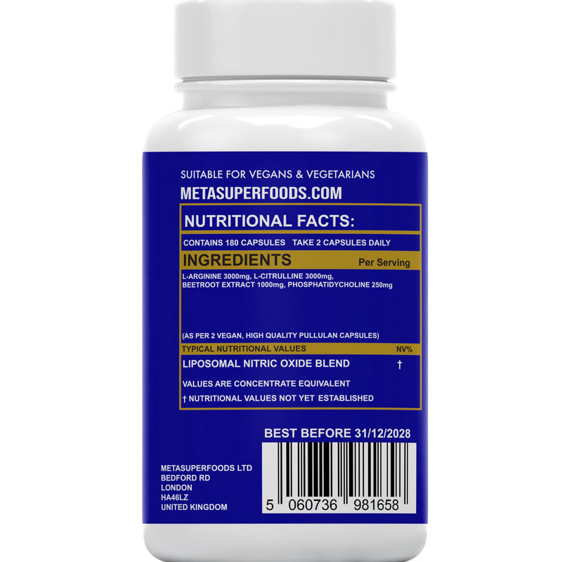 Nitric Oxide Supplement | L-Arginine, L-Citrulline & Beetroot Complex | 180 Capsules | 3 Month Supply, 2-A-Day | Liposomal Max Absorption | Energy, Circulation & Muscle Recovery Support | UK Company