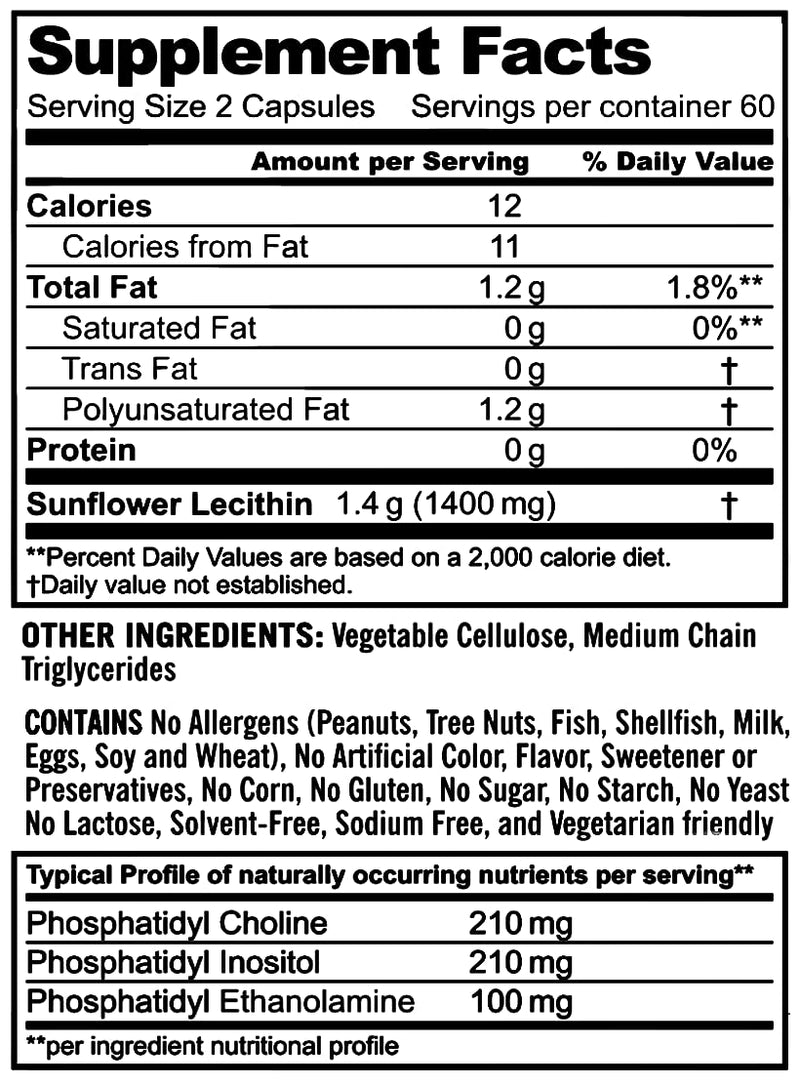 [Australia] - 100% All-Natural Sunflower Lecithin Capsules - 120 Count - Rich in Phosphatidyl Choline - Cold Pressed (Solvent Free) - Non-GMO Project Verified - Certified Vegan 