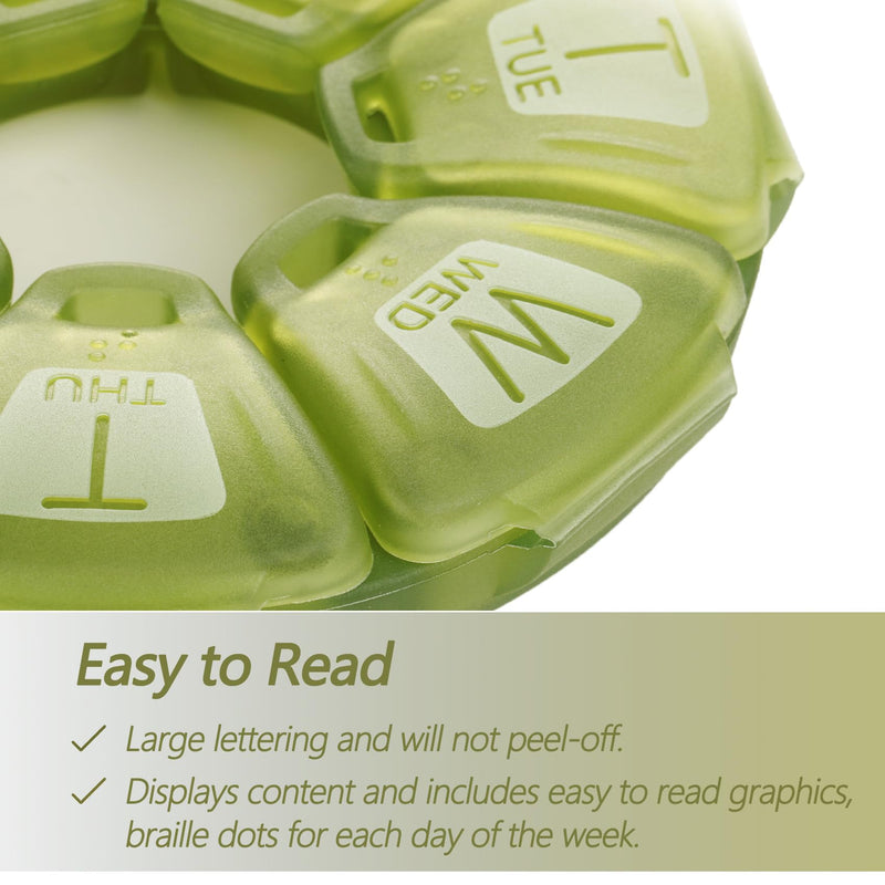 Round Weekly Pill Organizer, Soft-Touch Silicone, Cute Travel Pill Case | with 7 Large Compartments, Pill Cases Organizers 7 Day with Large Letters and Braille for Vitamins & Supplements (Olive) Olive