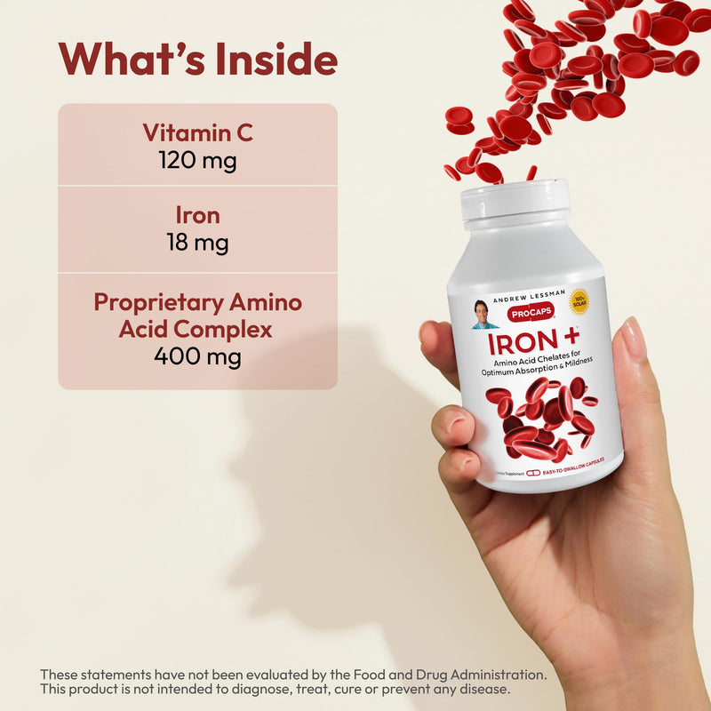 Andrew Lessman ProCaps Iron Plus 18mg Chelated Iron 180 Capsules | Gentle amino acid chelated iron with Vitamin C to support absorption. Non-acidic and easy on the stomach. 180 Count (Pack of 1)