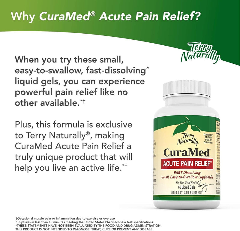 [Australia] - Terry Naturally CuraMed Acute Pain Relief - 60 Liquid Gels - with BCM-95 Curcumin & Boswellia - Small, Easy to Swallow, Fast Dissolving - Non-GMO - 30 Servings 60 Count (Pack of 1) 