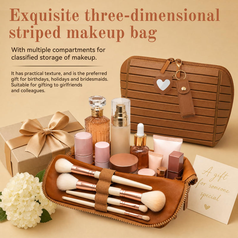 27-Pocket Travel Makeup Bag, Foldable Cosmetic Organizer, Brown | 27 pockets, 3 brush slots, adjustable dividers, waterproof PVC, foldable standing, parallel design, for travel home gym