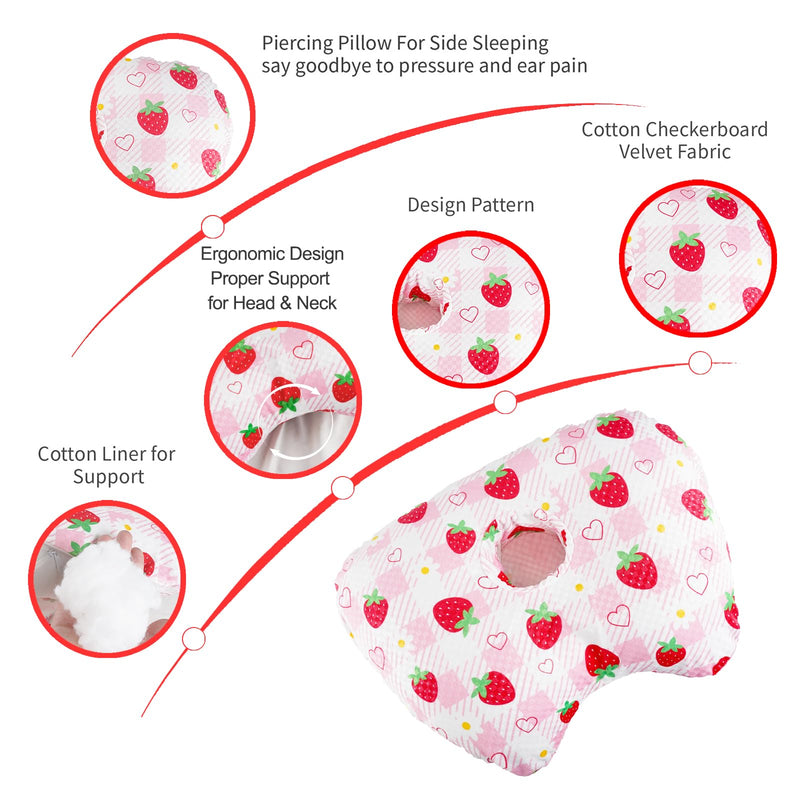 [Australia] - Ear Piercing Pillow for Side Sleepers – Pillow with Hole for Ear Pain Relief, Detachable/Cotton Curved Ear Pillow, for Ear Inflammation Pressure Sores - Strawberry 