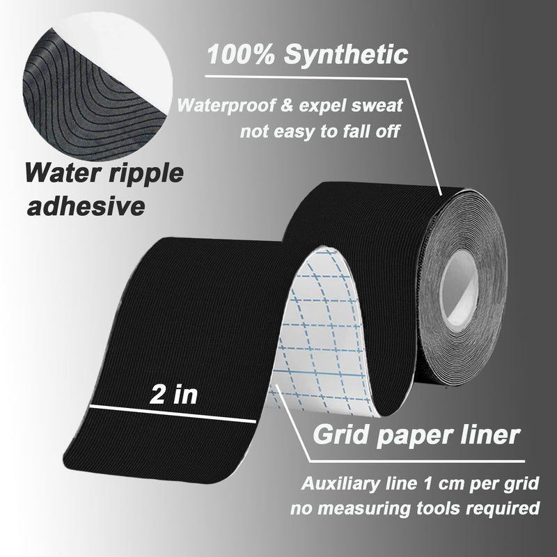 Pro Synthetic Kinesiology Tape Waterproof Athletic Tape [3 Rolls] 2inch x Long Roll 16ft Free Cut Tape for Ankle Wrists Knees Elastic Swimming Sports Activities Tapes（Black) Black