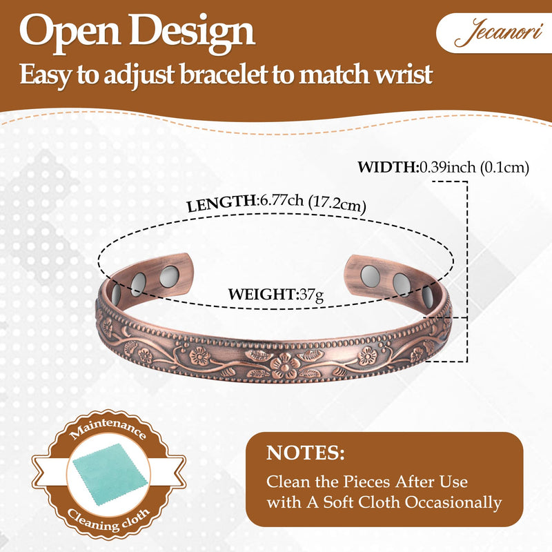 [Australia] - 2Pcs Magnetic Copper Bracelets for Women, Vintage Flower 99.99% Pure Copper Bracelets with 3500 Gauss Magnets, Adjustable Cuff Jewelry with Gift Box 