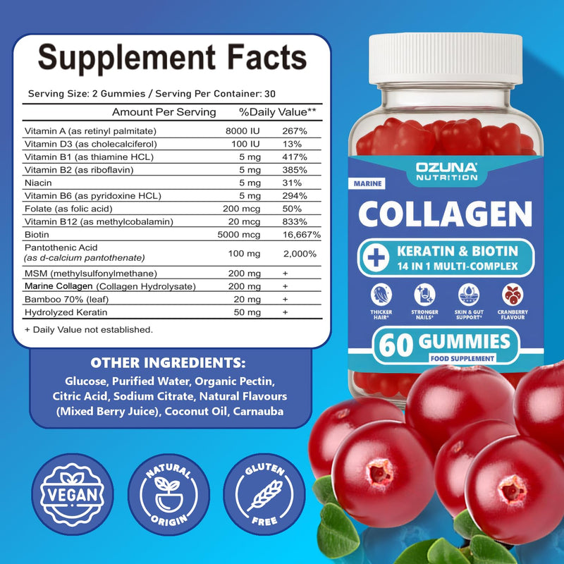 Marine Collagen Gummies with Keratin, Biotin & Bamboo | 14-in-1 Multi-Complex | Cranberry Flavour | 60 Gummies | Supports Hair, Skin, Nails & Joints