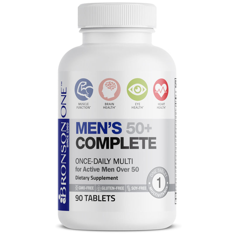 Bronson ONE Daily Mens 50+ Complete Multivitamin Multimineral, 90 Tablets | Once-Daily, Targeted Nutrition For Active Men Over 50, Non-GMO, Gluten-Free, Soy-Free 90 Count (Pack of 1)