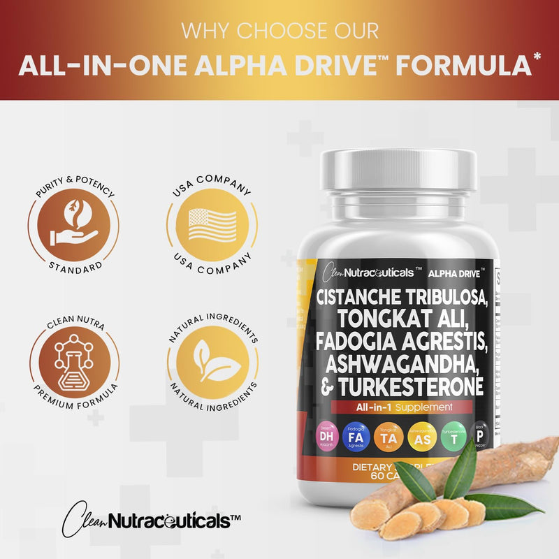 [Australia] - Clean Nutra Cistanche Tribulosa 6000mg Fadogia Agrestis 600mg Tongkat Ali 400mg Turkesterone Pills 2000mg Ashwagandha Extract 3000mg Capsules Supplement for Men - 60 Count 
