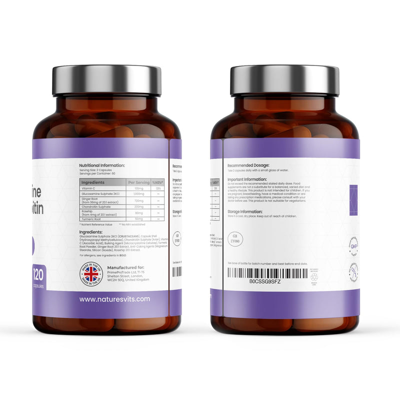 Glucosamine Sulphate and Chondroitin High Strength Supplement, 120 Capsules - with Turmeric and Vitamin C Complex - Arthritis and Joint Care for Women and Men to Assist with Pain Relief