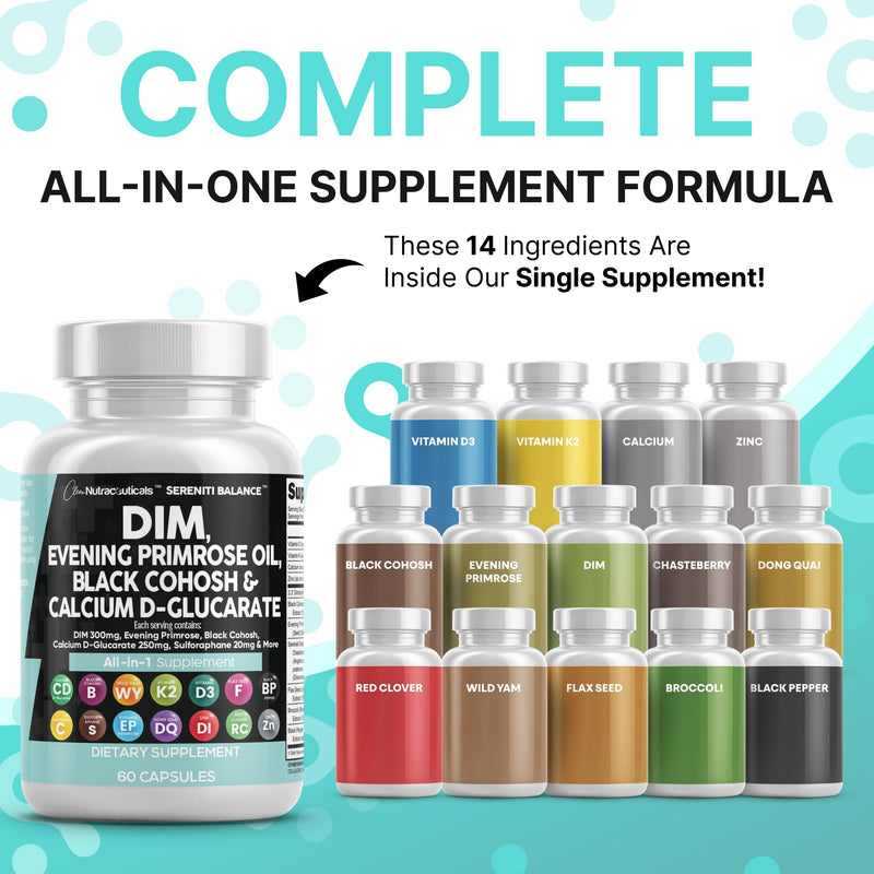 [Australia] - Clean Nutraceuticals DIM Evening Primrose Black Cohosh Calcium D-Glucarate Sulforaphane Flax Seed Extract - Hormonal Support Vitamins for Women with Dong Quai - 60 Caps 
