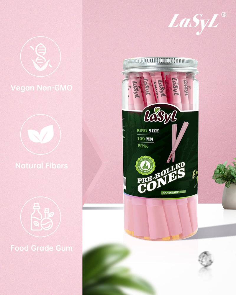 [Australia] - 𝗟𝗮𝗦𝘆𝗟 Pre Rolled Cones (Pink) | 50 Pack King Size | Rolling Paper with Tips and Packing Tubes (4.3inch/109mm) | Burn Slow and Even PINK 