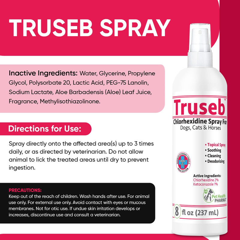 Truseb All Natural Chlorhexidine Spray Topical Ketoconazole and Chlorhexidine Spray for Dogs, Cats & Horses with Aloe Vera (USA) (Ketoconazole & Chlorhexidine Spray, 8 oz) - PawsPlanet Australia