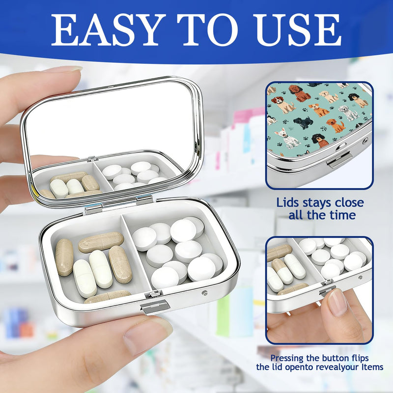 Dog Lover Pill Box 2-Compartment Small Pill Case Square Organizer Case with Mirror Portable Metal Medicine Box Travel Container for Women Men Cute Dog Paw