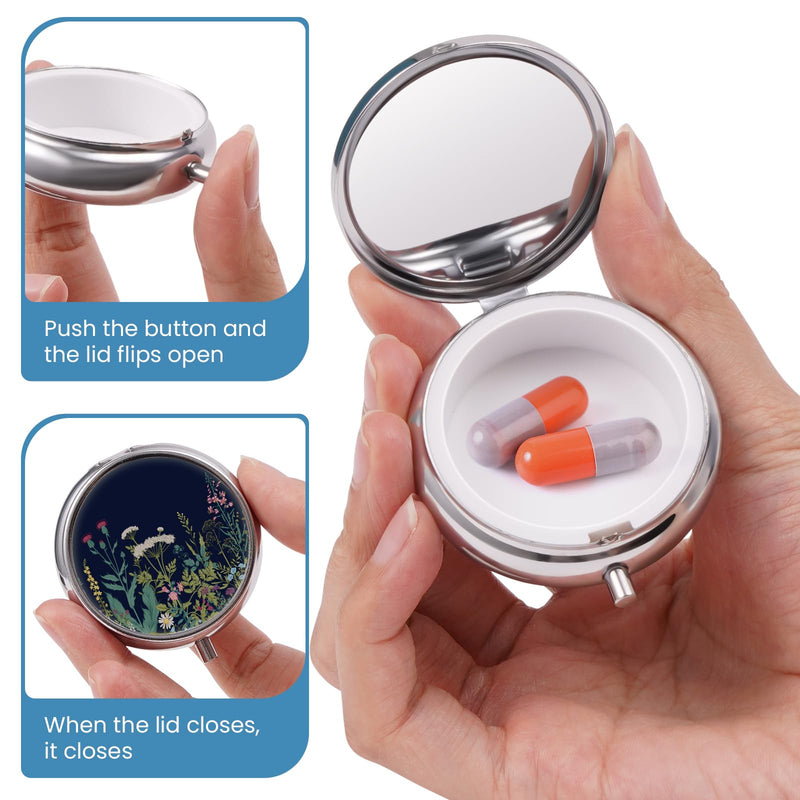 Mini Pill Box, Small Pill Box, Cute Pill Organizer for Vitamins, Medications, Fish Oil and Supplements (Black Flowers) Black Flowers
