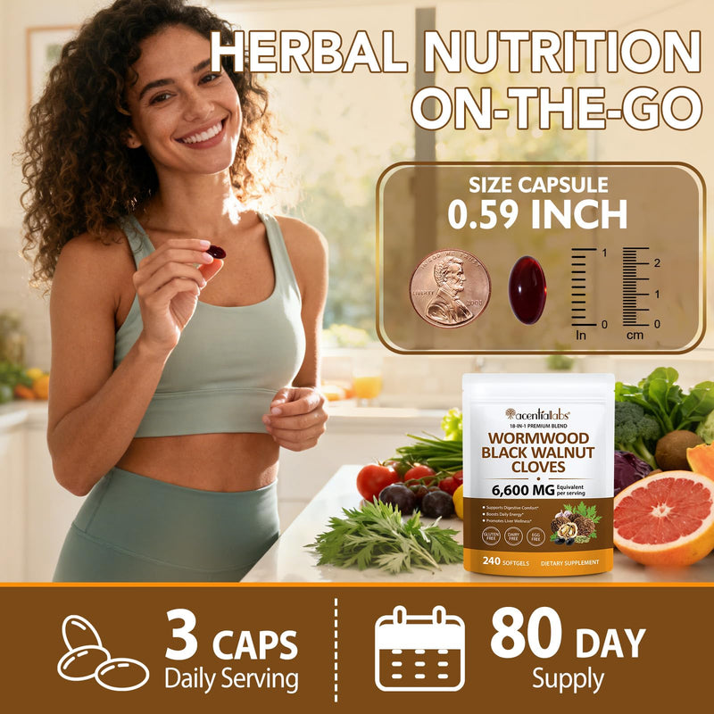 240 Count Wormwood Black Walnut Clove Capsules | 6600 mg per Serving | 18-in-1 Premium Herbal Blend Softgels | Supports Digestive Comfort & Cleanse, Liver Wellness & Daily Energy