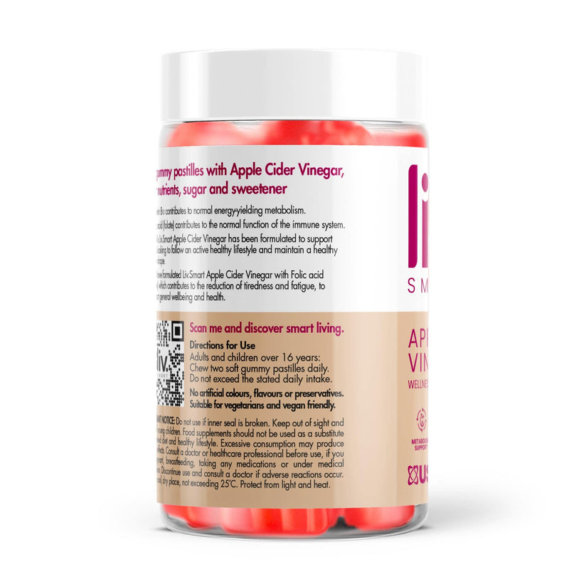 Apple Cider Vinegar Gummies (60 Count) from Liv.Smart By Usn — Vegan Friendly Acv Gummies with ‘The Mother’— Fights Fatigue with Vitamin B12 and Folic Acid Complex