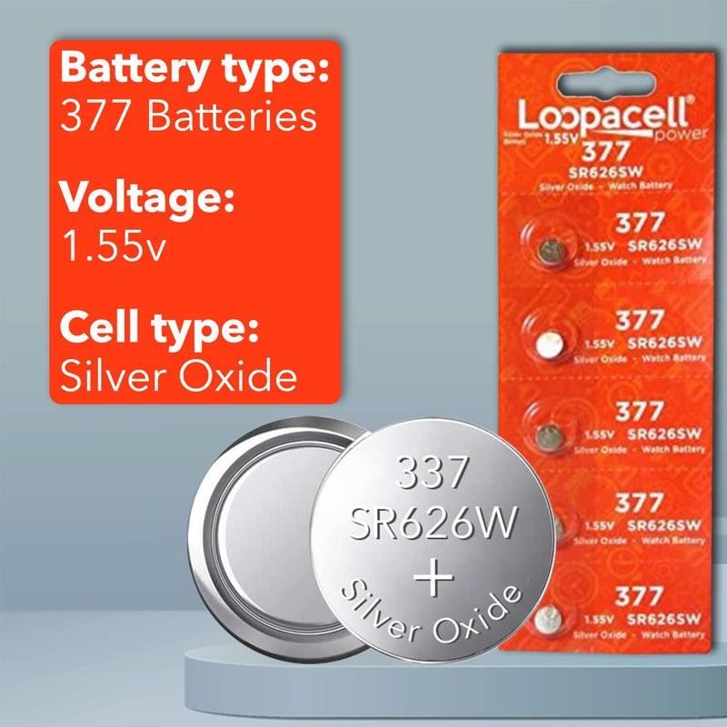 [Australia] - 377/376 / SR626W / SR626SW / Silver Oxide Watch Batteries (Pack of 5) - 1.55V Long Lasting Coin Cell Battery for Watches, Toys, Decorations, Wristwatches, Remote Control, Mini Radio 5 Count (Pack of 1) 
