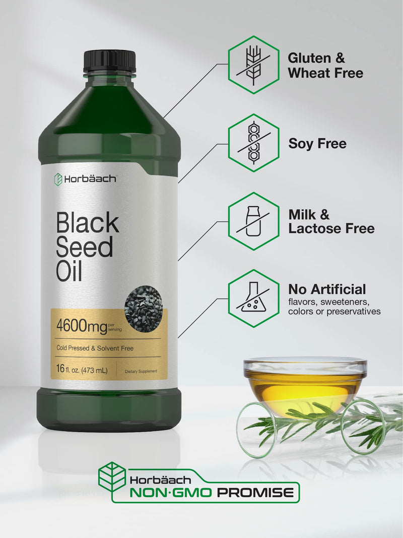 Horbäach Black Seed Oil Liquid 16oz | 4600mg | Cold Pressed Nigella Sativa Supplement | Vegetarian, Non-GMO, Gluten Free, and Solvent Free Formula 16 Fl Oz (Pack of 1)