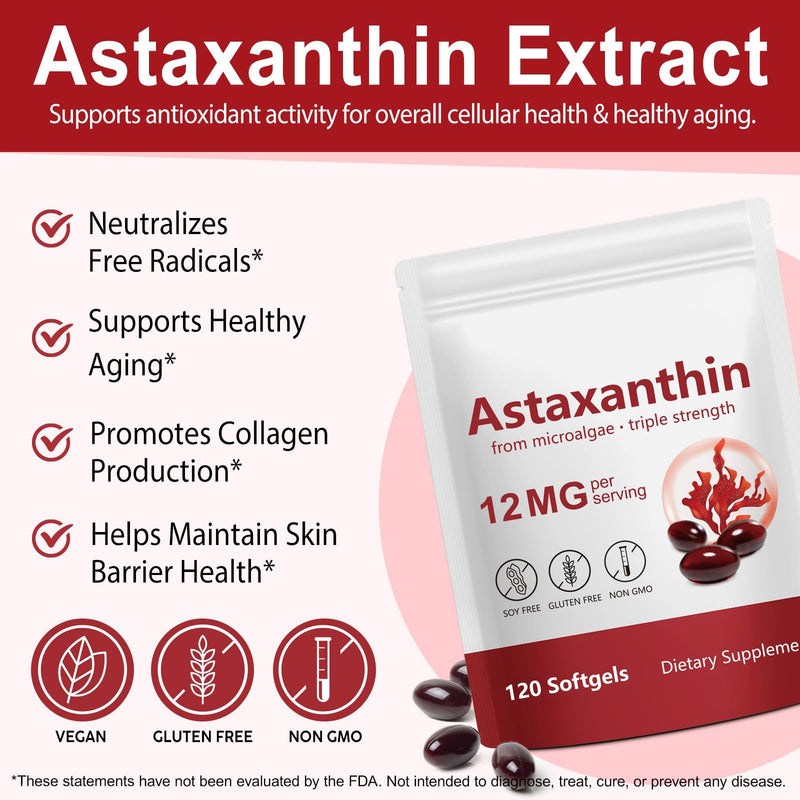 [Australia] - Astaxanthin Supplements 12mg, 120 Softgels for 4 Month Supply - Premium Antioxidant Supplement from Natural Microalgae, Supports Wellness for Skin, Eyes and Joints, Non-GMO & No Gluten 
