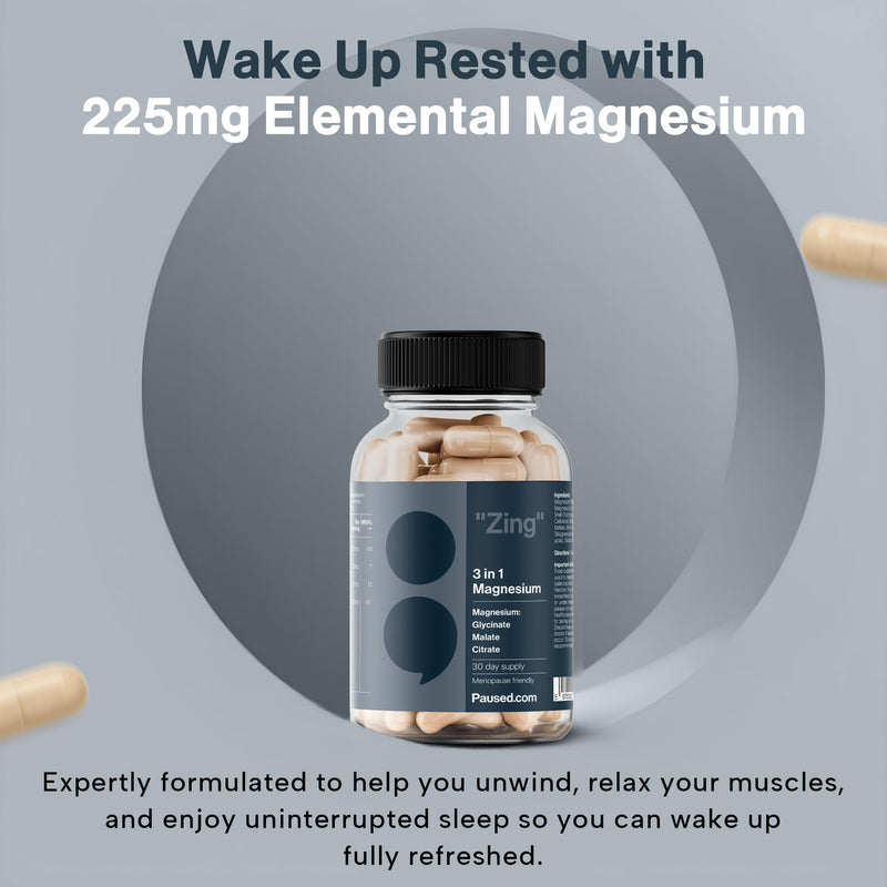 Paused Magnesium 3-in-1 Complex – 225mg Elemental Magnesium from Glycinate, Citrate & Malate – 60 Vegan Capsules – Magnesium for Energy, Muscles & Nervous System – Made in UK
