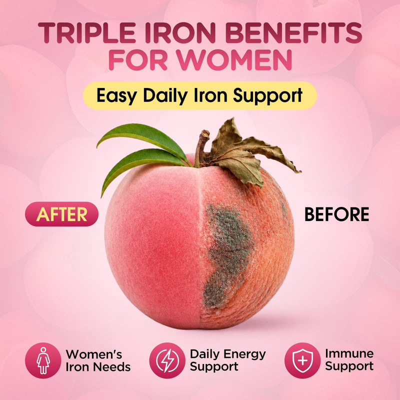 Iron Gummies for Women, Triple Iron Supplement with Multivitamin Iron Gummies with Vitamin C, A, B, Folate, Copper, Zinc for Energy & Blood Support, Immune Health, Vegan Peach, Flavor 60 Counts 60 Count (Pack of 1)